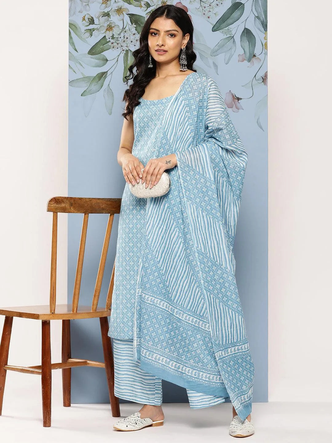 Blue Printed Cotton Straight Suit Set With Palazzos - Libas 