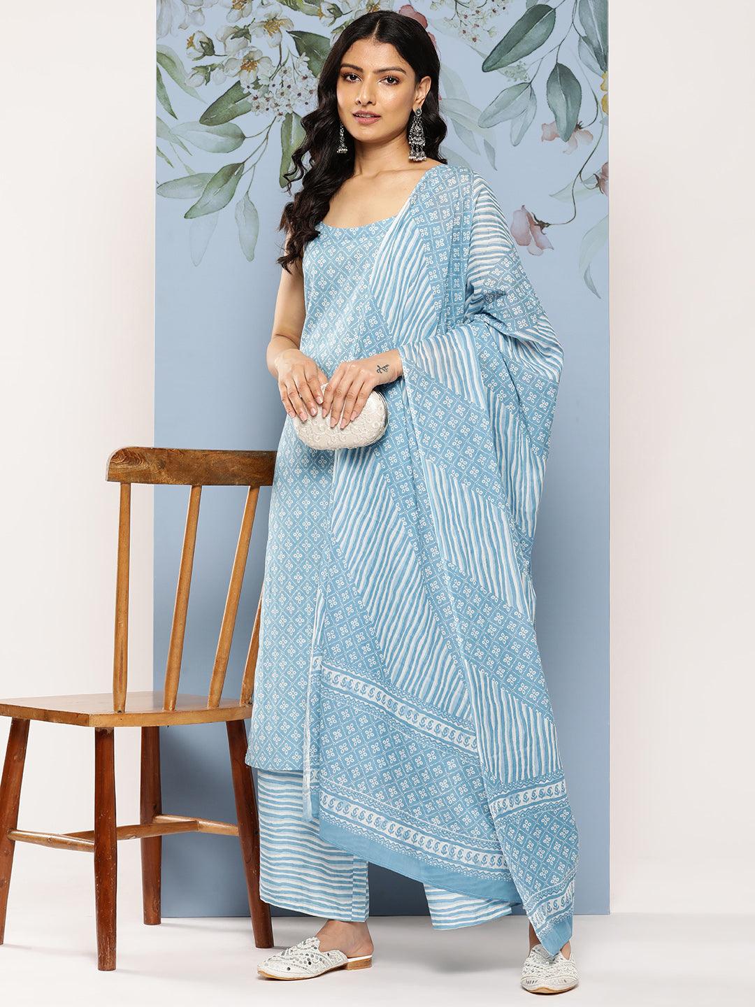 Blue Printed Cotton Straight Suit Set With Palazzos - Libas