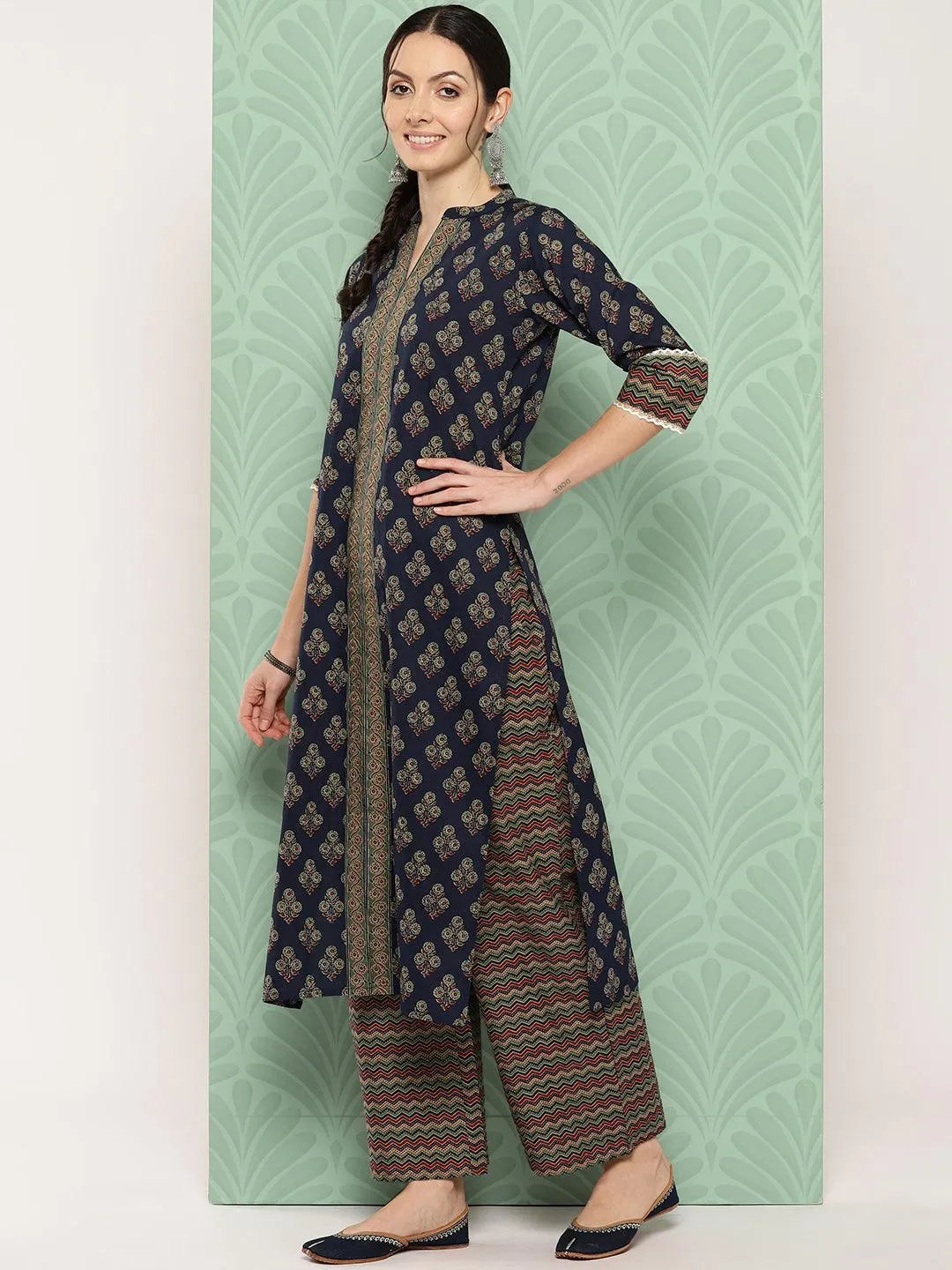 Blue Printed Cotton Straight Kurta With Palazzos & Dupatta - Libas 
