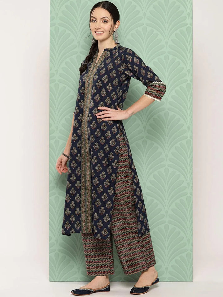 Blue Printed Cotton Straight Kurta With Palazzos & Dupatta - Libas