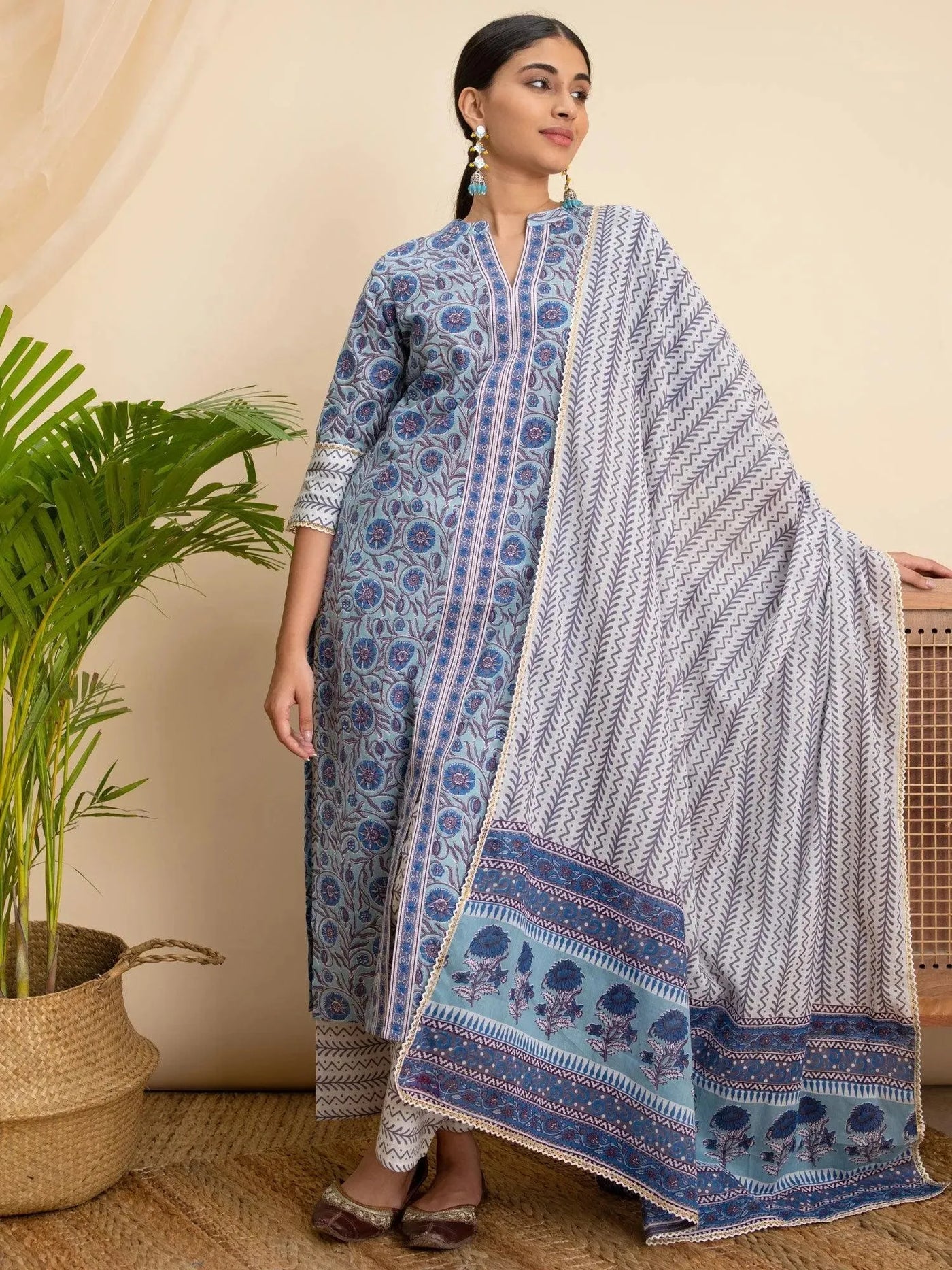 Blue Printed Cotton Suit Set - Libas