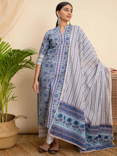 Blue Printed Cotton Suit Set - Libas