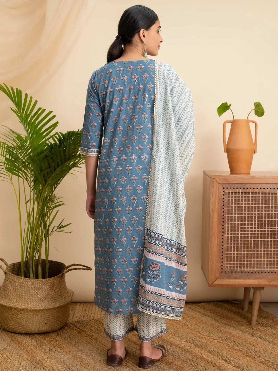 Blue Printed Cotton Suit Set - Libas