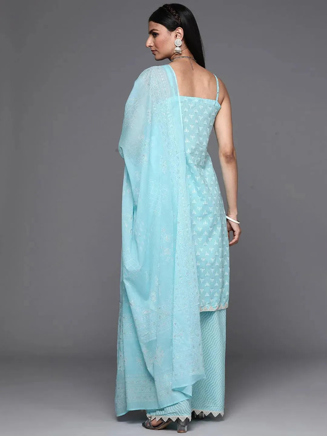 Blue Printed Cotton Suit Set - Libas 