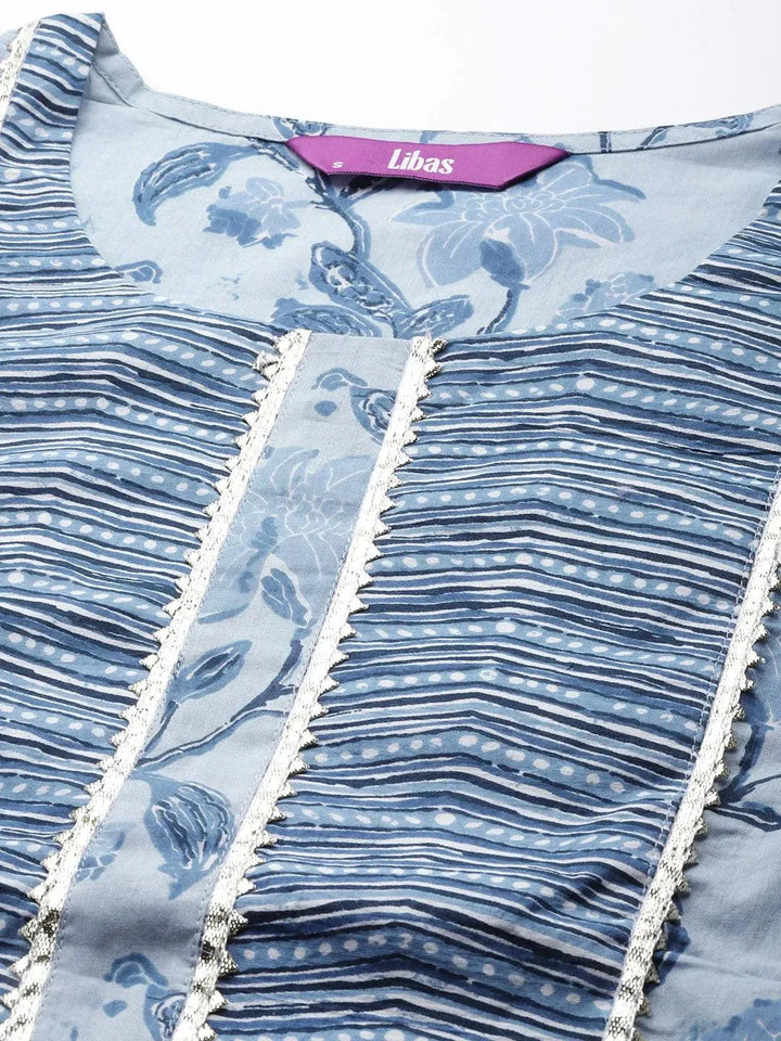 Blue Printed Cotton Straight Suit Set - Libas