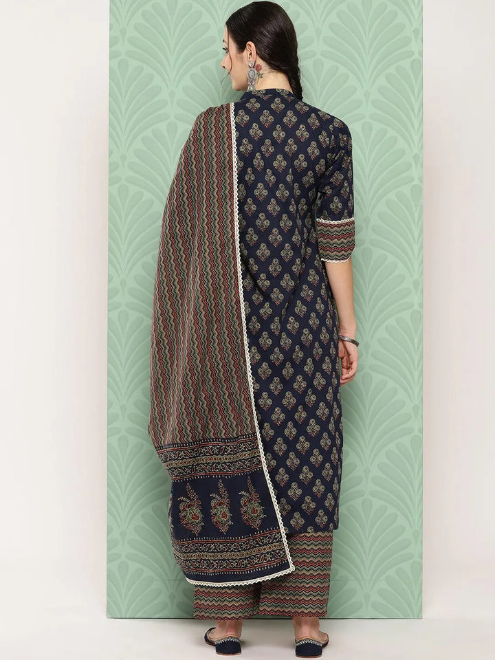 Blue Printed Cotton Straight Kurta With Palazzos & Dupatta - Libas