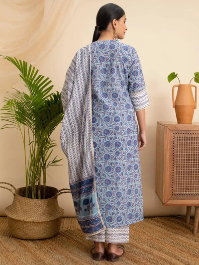 Blue Printed Cotton Suit Set - Libas