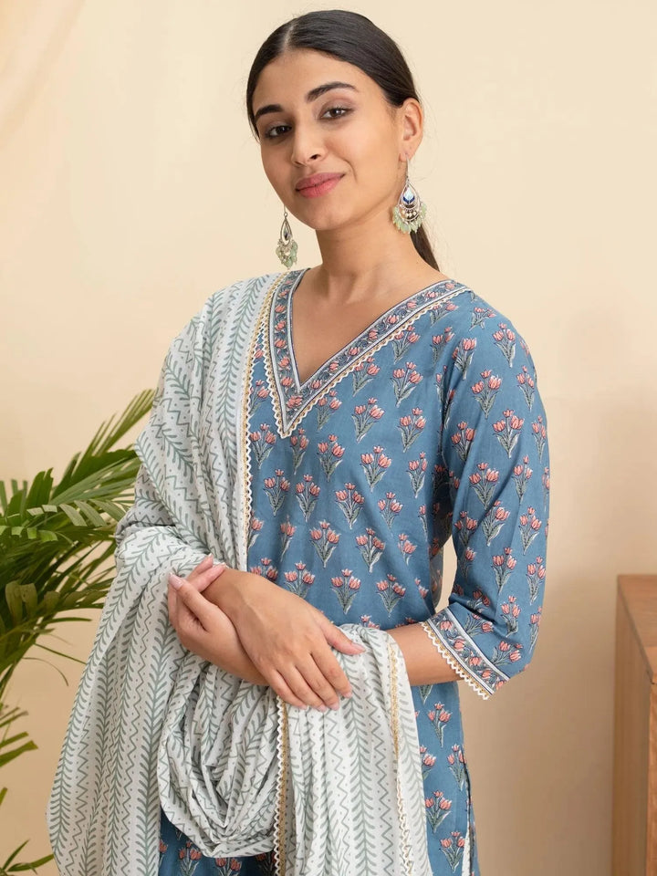 Blue Printed Cotton Suit Set - Libas