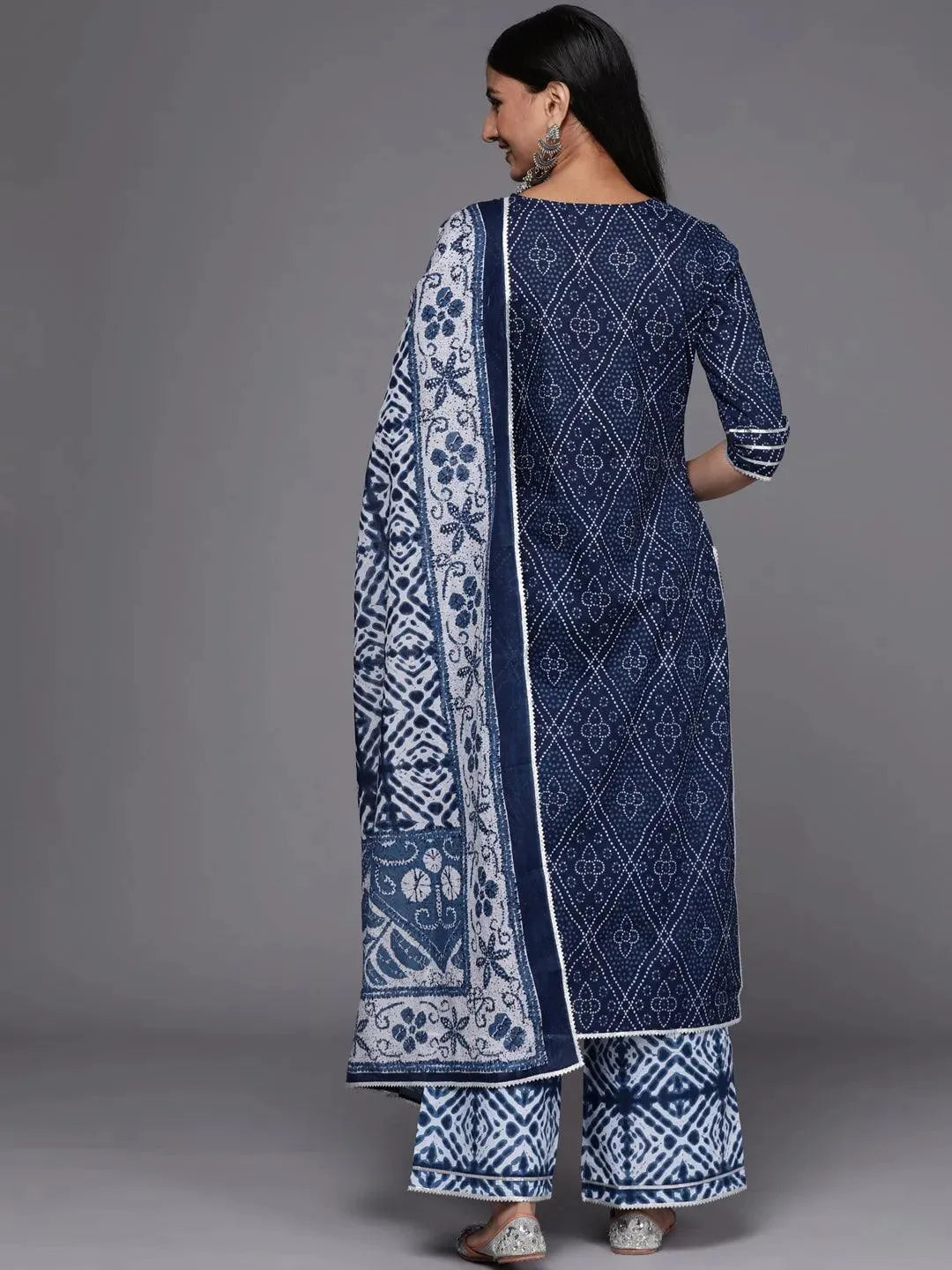 Blue Printed Cotton Straight Suit Set - Libas 