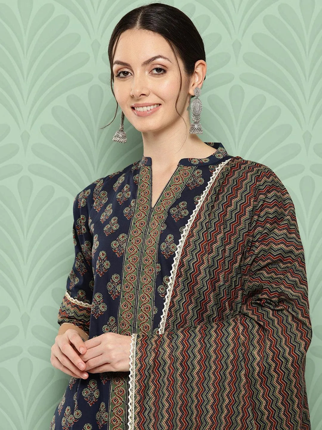 Blue Printed Cotton Straight Kurta With Palazzos & Dupatta - Libas 
