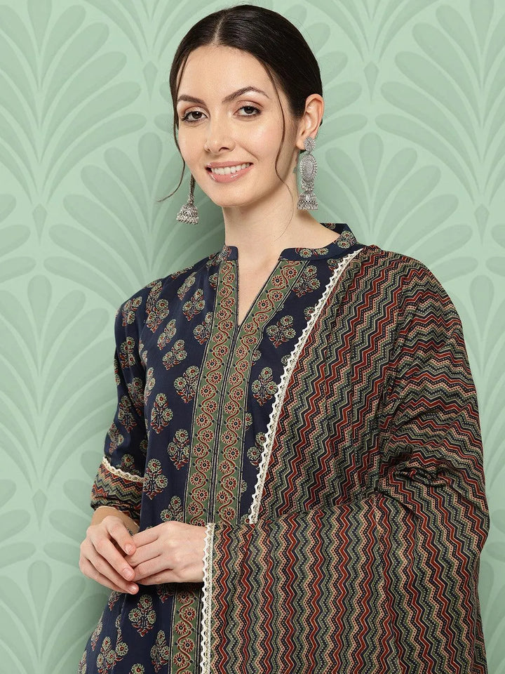 Blue Printed Cotton Straight Kurta With Palazzos & Dupatta - Libas