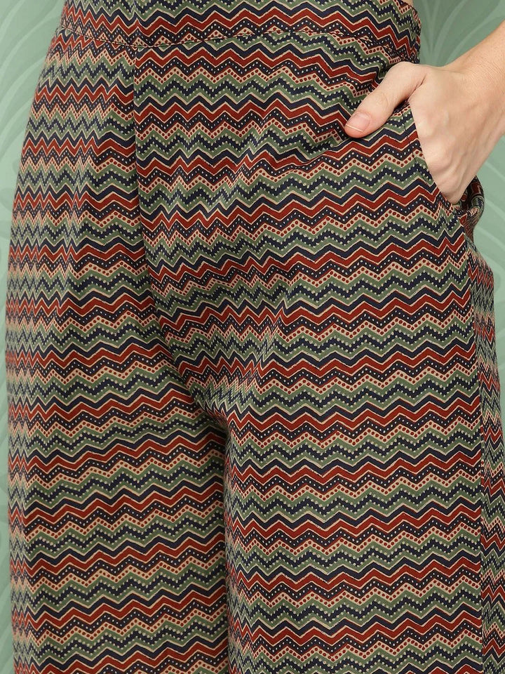Blue Printed Cotton Straight Kurta With Palazzos & Dupatta - Libas