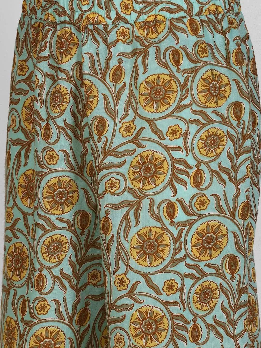 

Blue Printed Cotton Straight Kurta With Palazzos & Dupatta