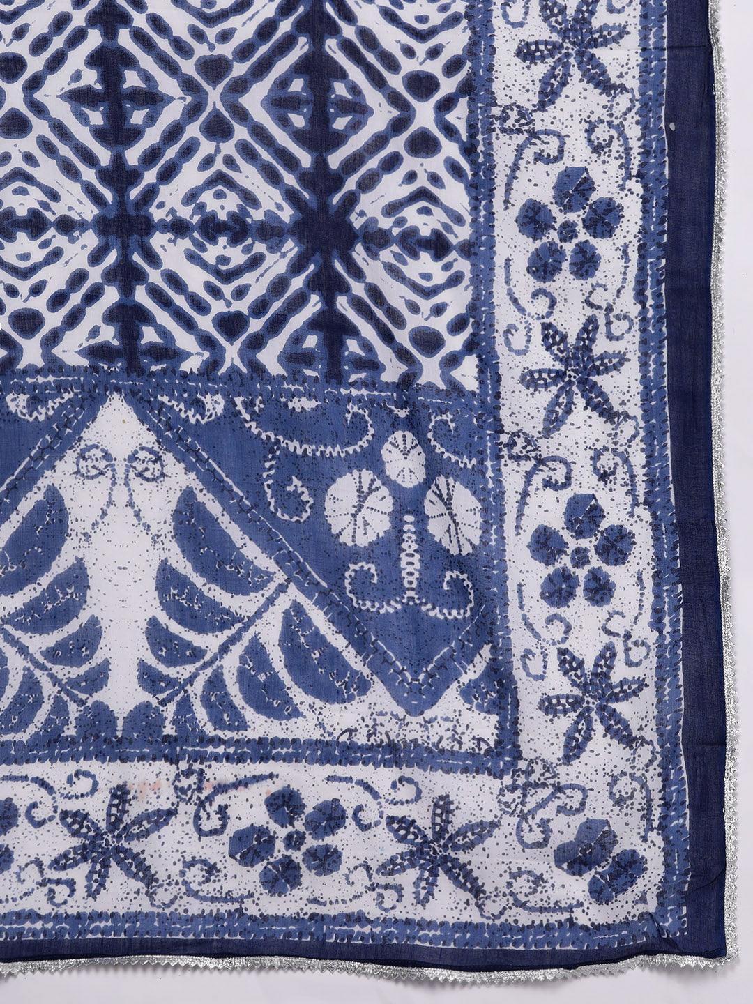 Blue Printed Cotton Straight Kurta With Palazzos & Dupatta