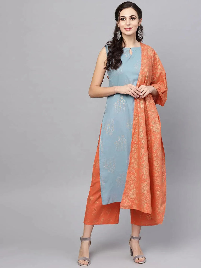 Libas Blue Printed Cotton Straight Kurta With Palazzos & Stole