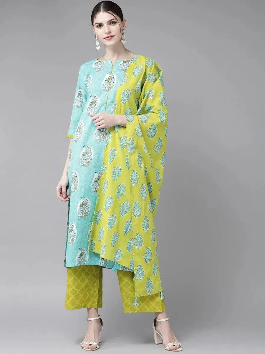 Blue Printed Cotton Suit Set - Libas