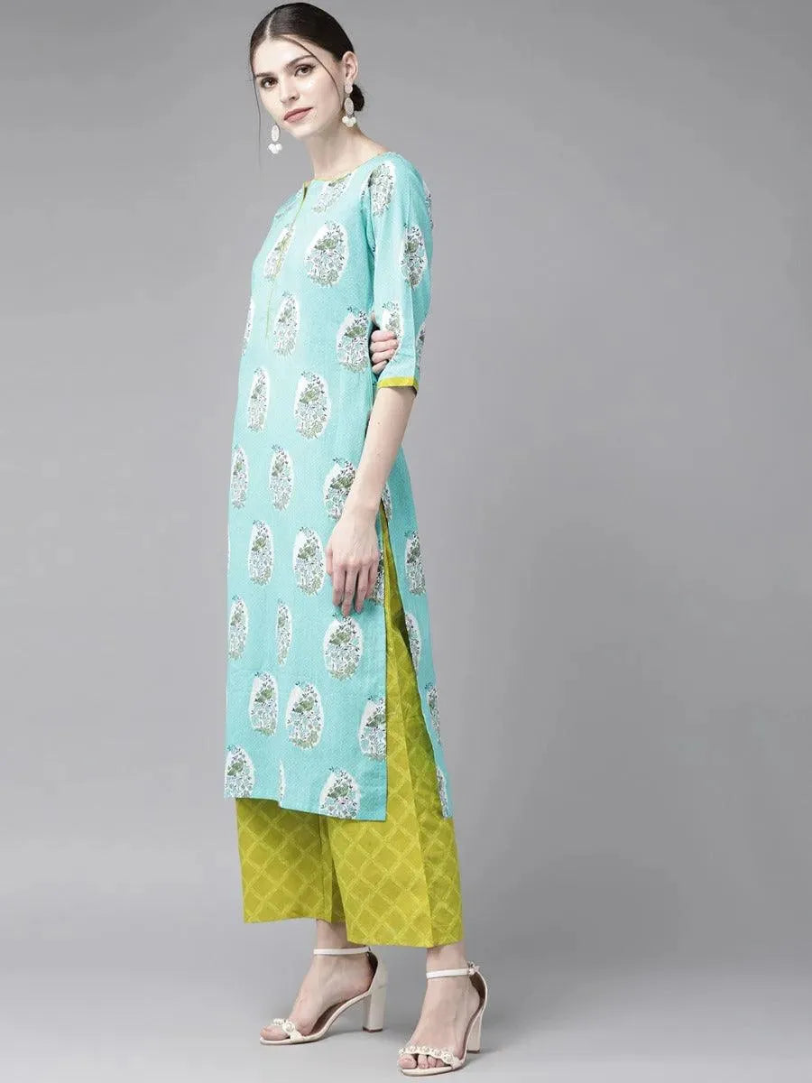 Blue Printed Cotton Suit Set - Libas 