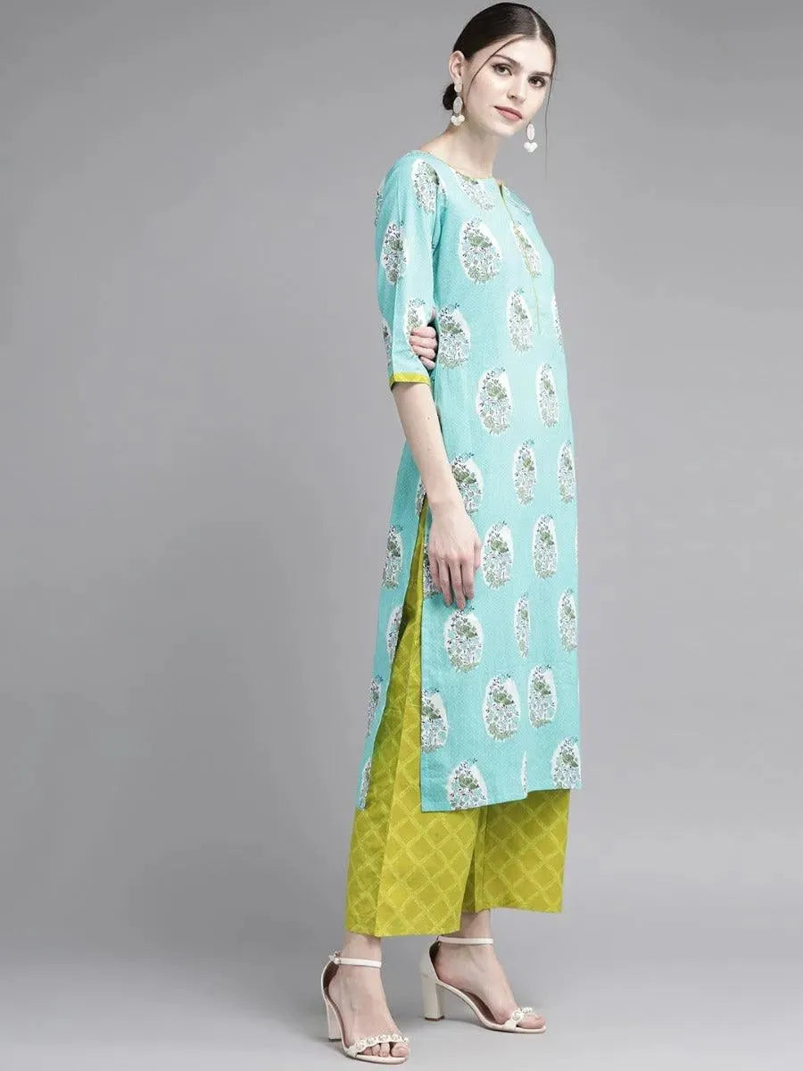 Blue Printed Cotton Suit Set - Libas 