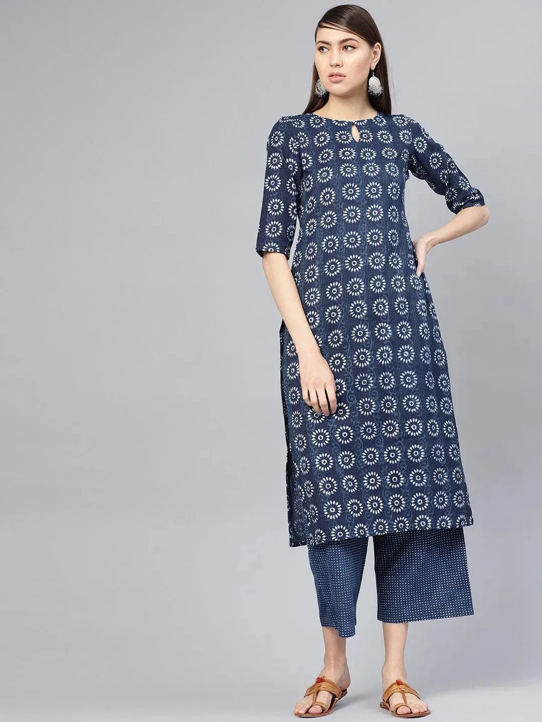 Blue Printed Cotton Kurta Set - Libas