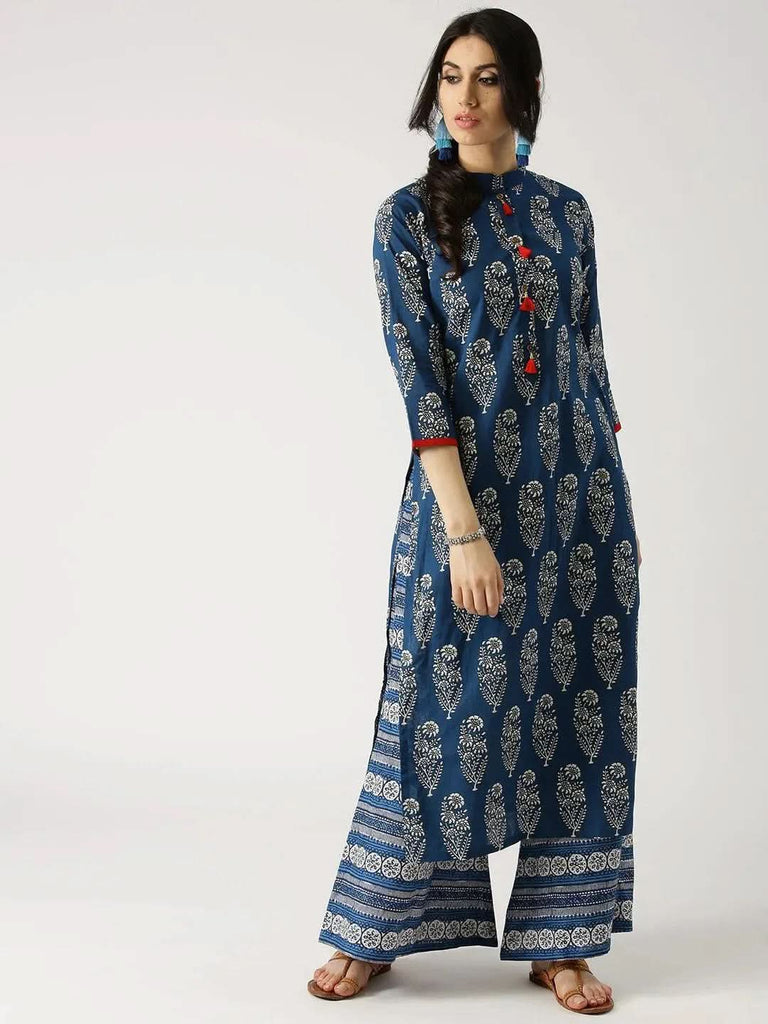 Libas Blue Printed Cotton Straight Kurta With Palazzos