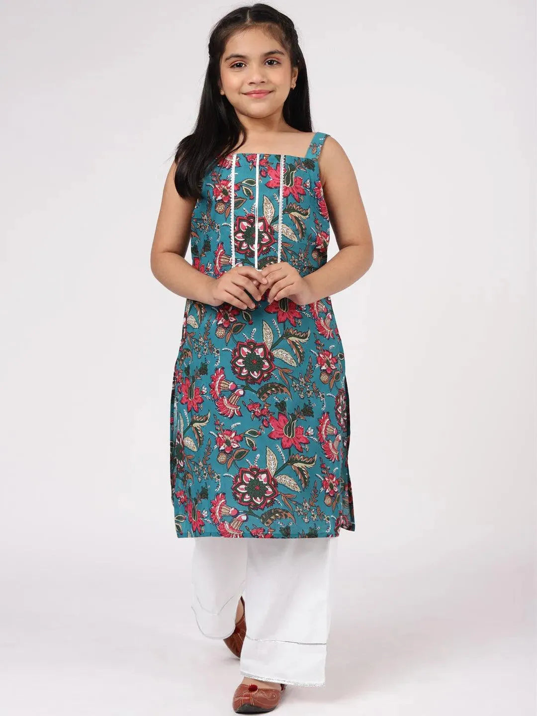 Blue Printed Cotton Straight Kurta With Palazzos