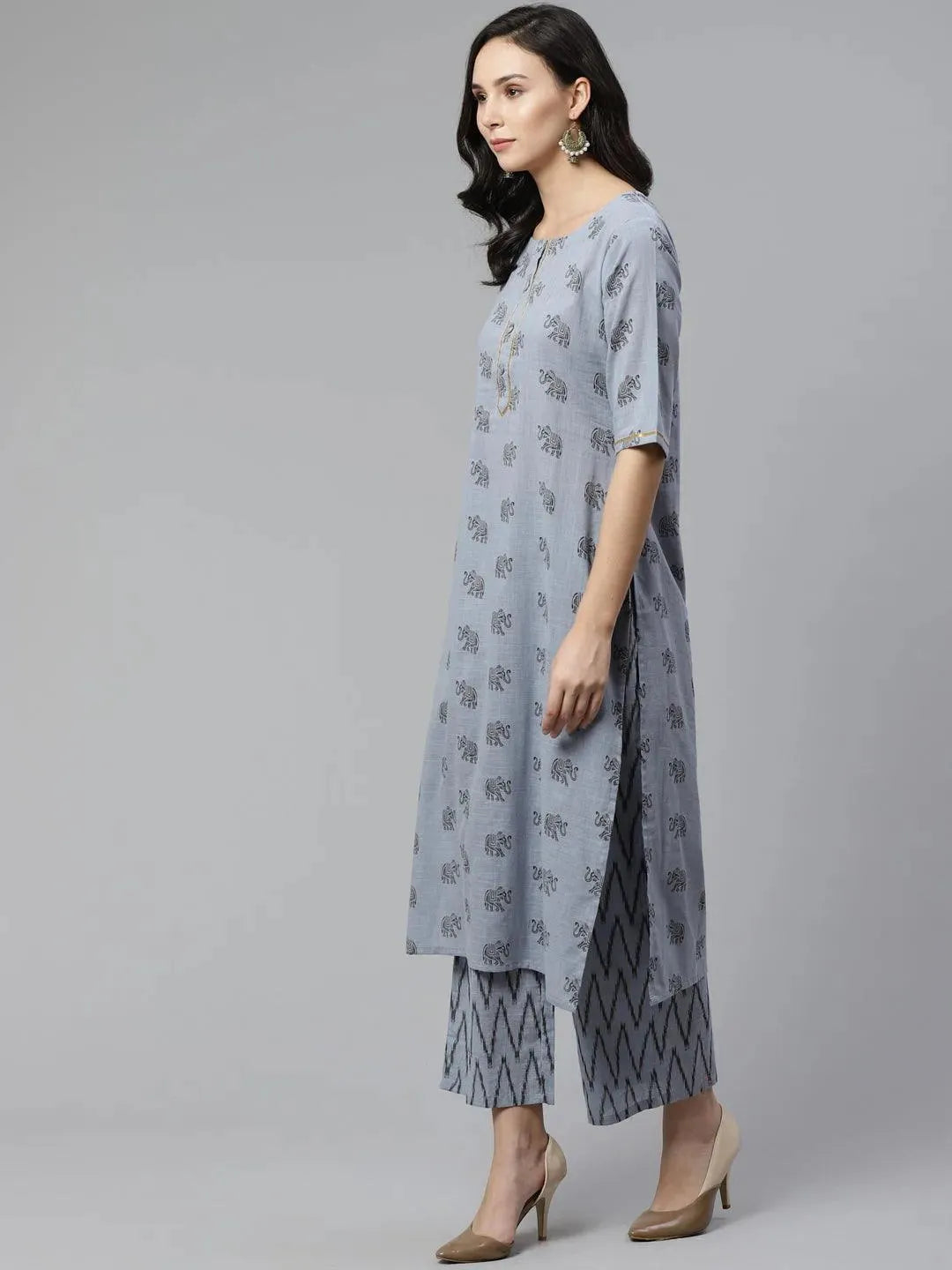 Blue Printed Cotton Kurta Set - Libas 