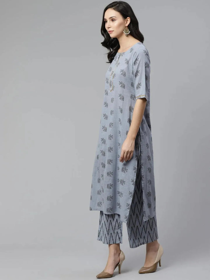 Blue Printed Cotton Kurta Set - Libas