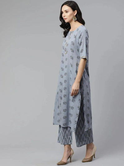 Blue Printed Cotton Kurta Set - Libas