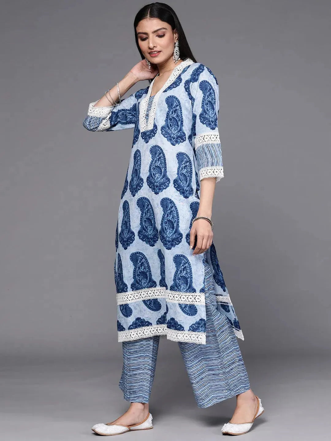 Blue Printed Cotton Kurta Set - Libas 
