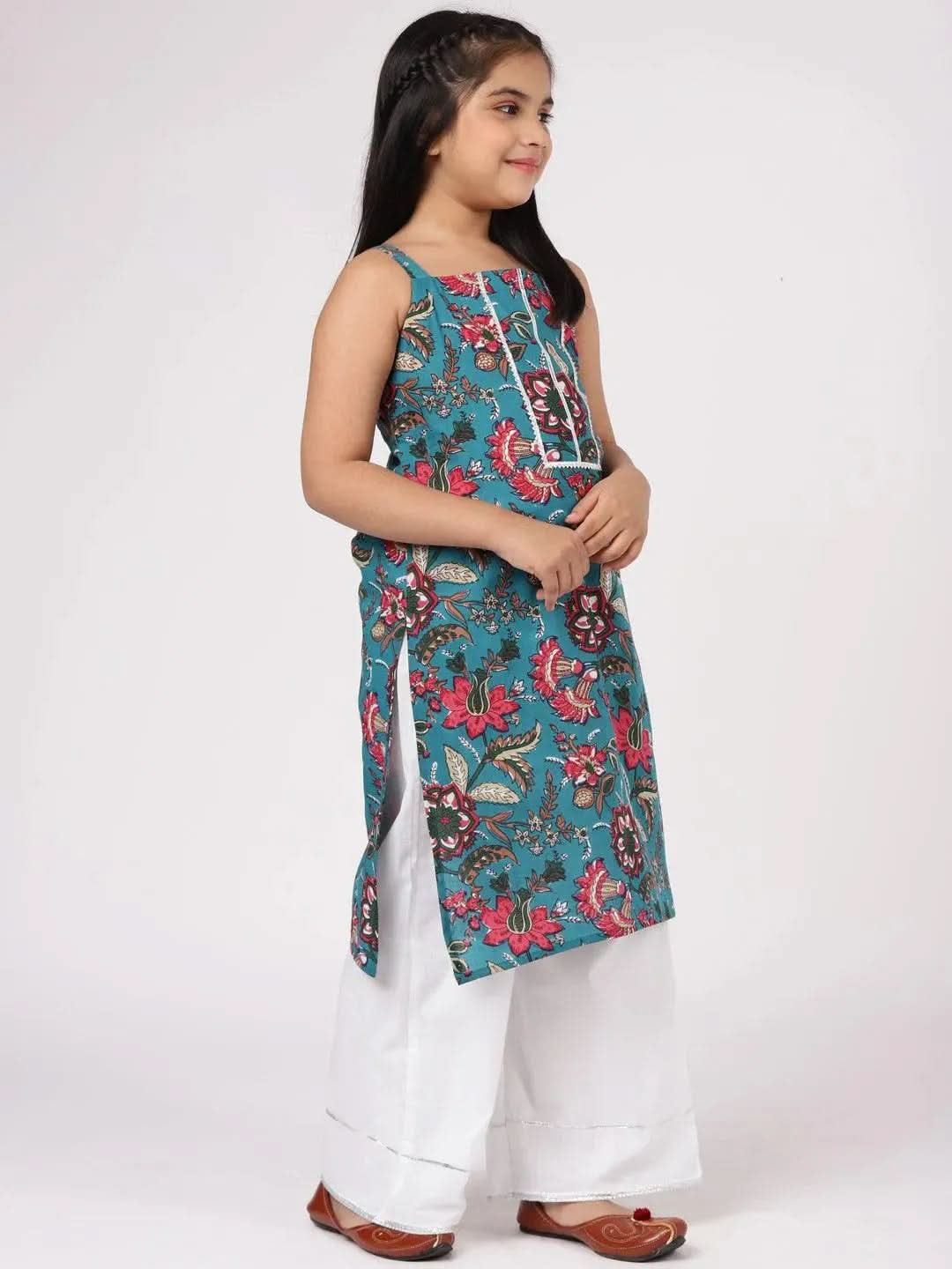 

Blue Printed Cotton Straight Kurta With Palazzos