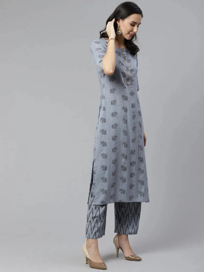 Blue Printed Cotton Kurta Set - Libas