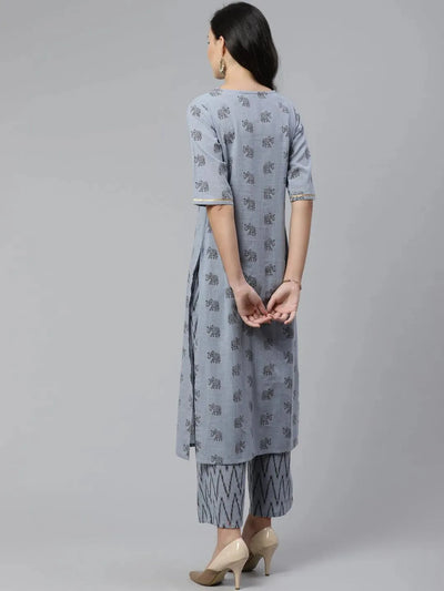 Blue Printed Cotton Kurta Set - Libas