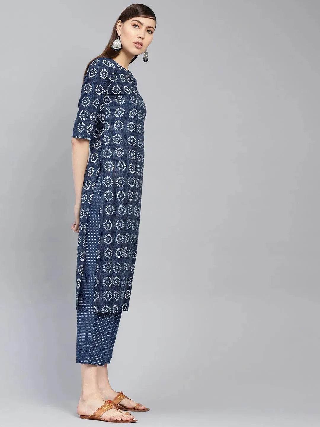 Blue Printed Cotton Kurta Set - Libas 