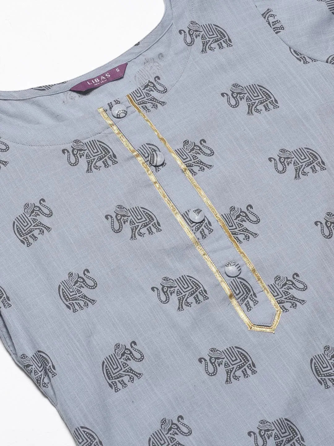 Blue Printed Cotton Kurta Set - Libas 