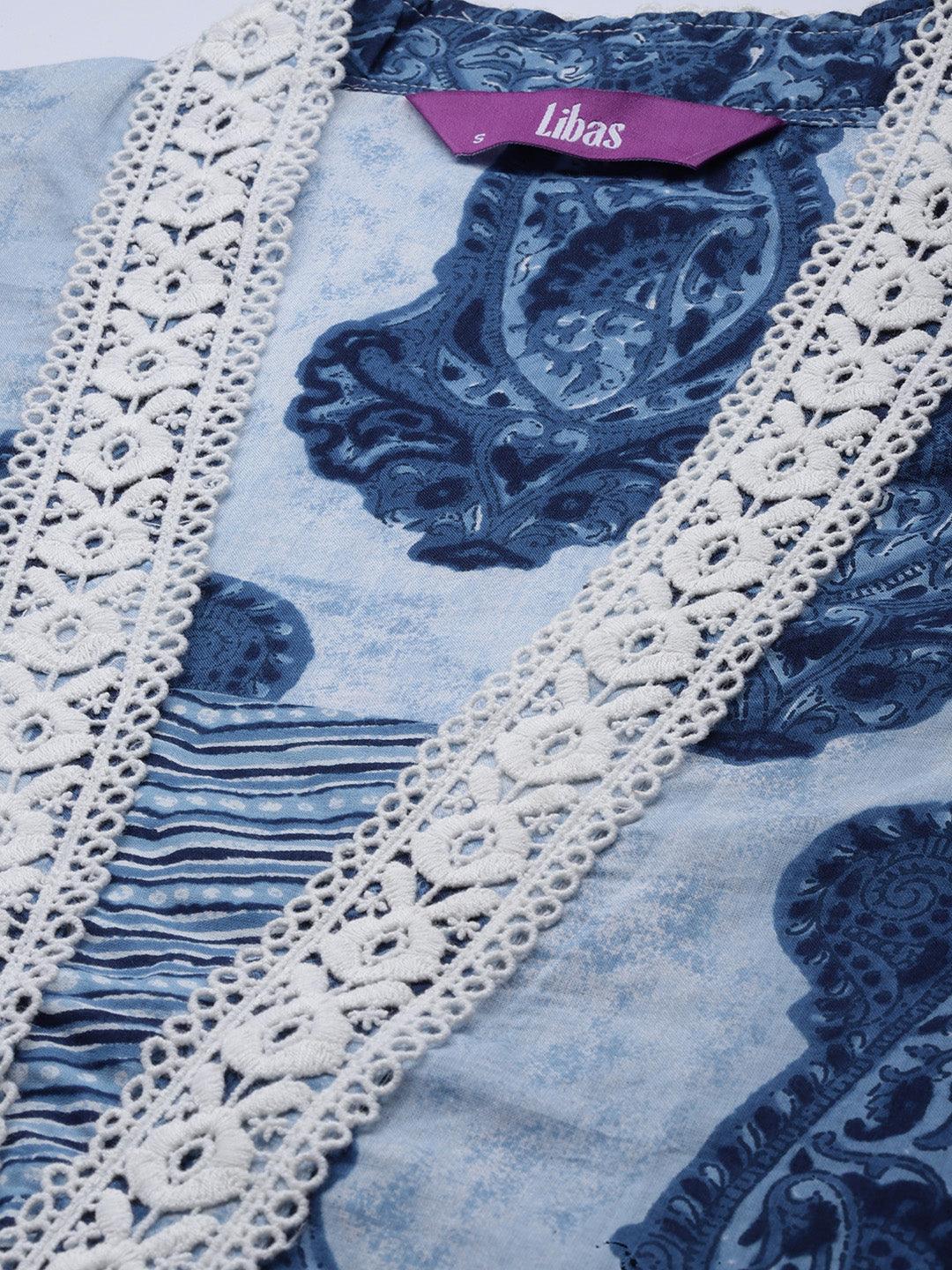 Blue Printed Cotton Straight Kurta With Palazzos