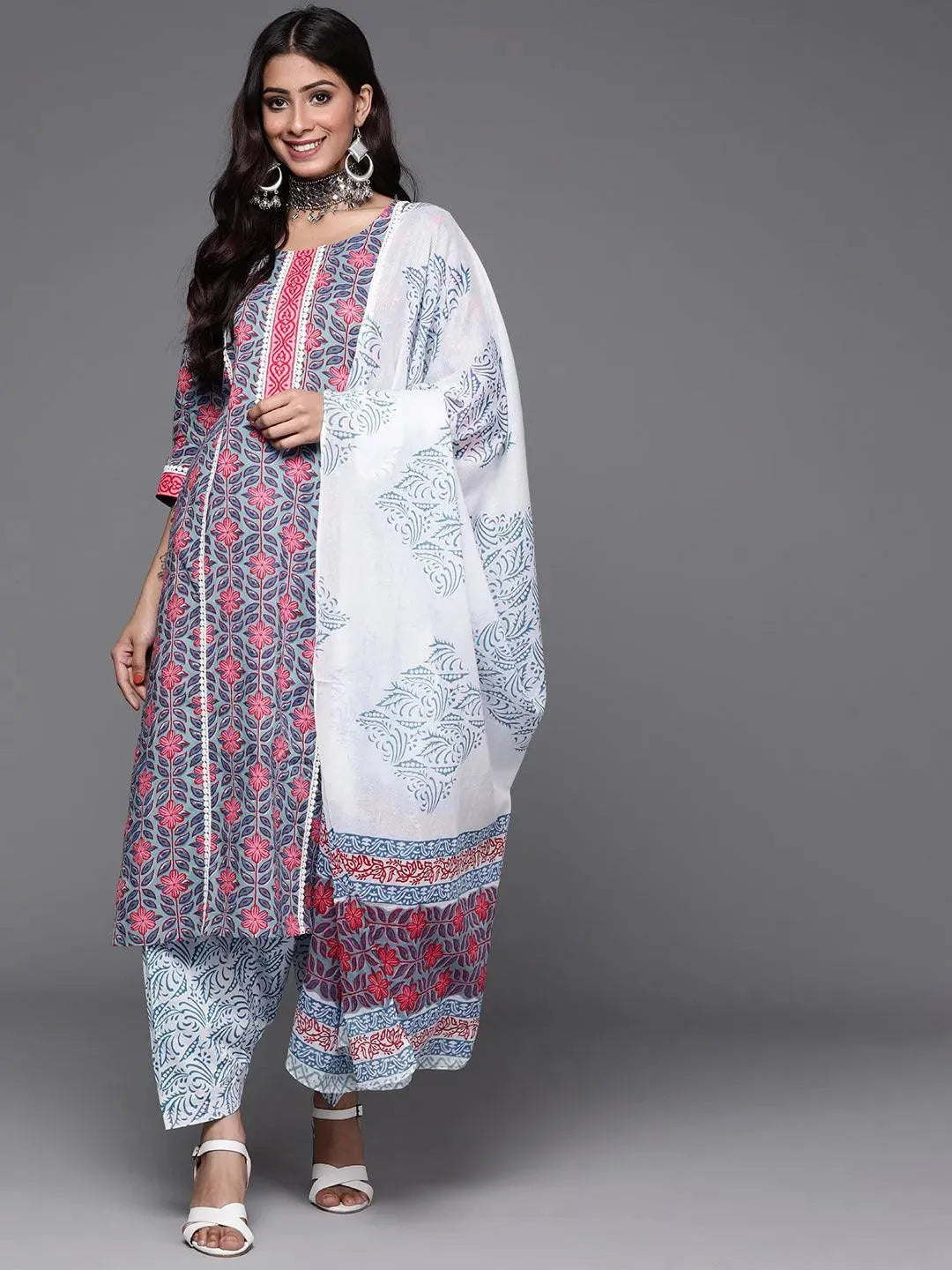 Blue Printed Cotton Suit Set - Libas