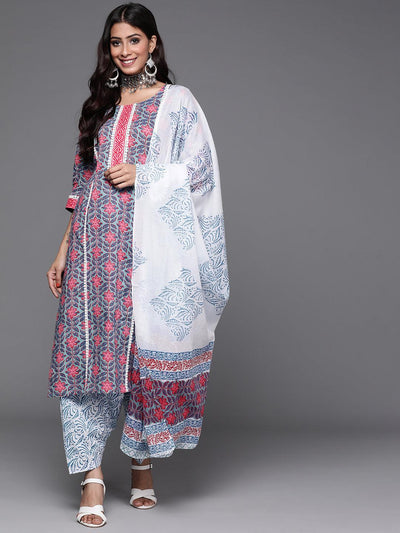 blue printed cotton straight kurta with salwar and dupatta libas 1