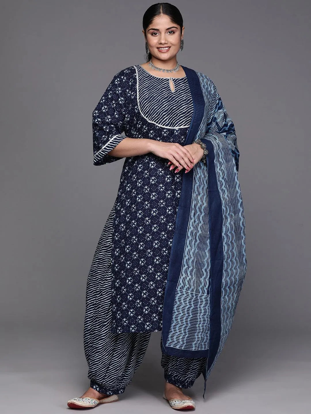 Black Yoke Design Cotton Straight Kurta With Trousers & Dupatta - Libas 
