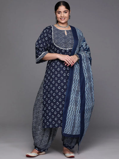 Black Yoke Design Cotton Straight Kurta With Trousers & Dupatta - Libas