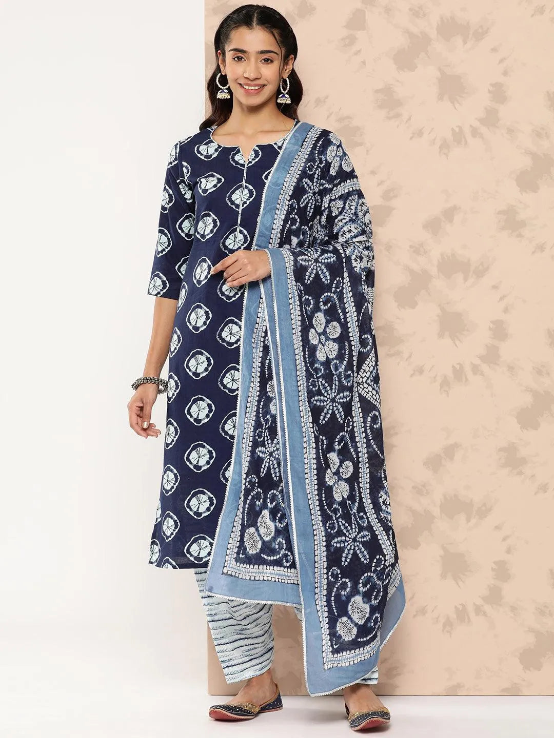 Blue Printed Cotton Straight Kurta With Salwar & Dupatta - Libas 