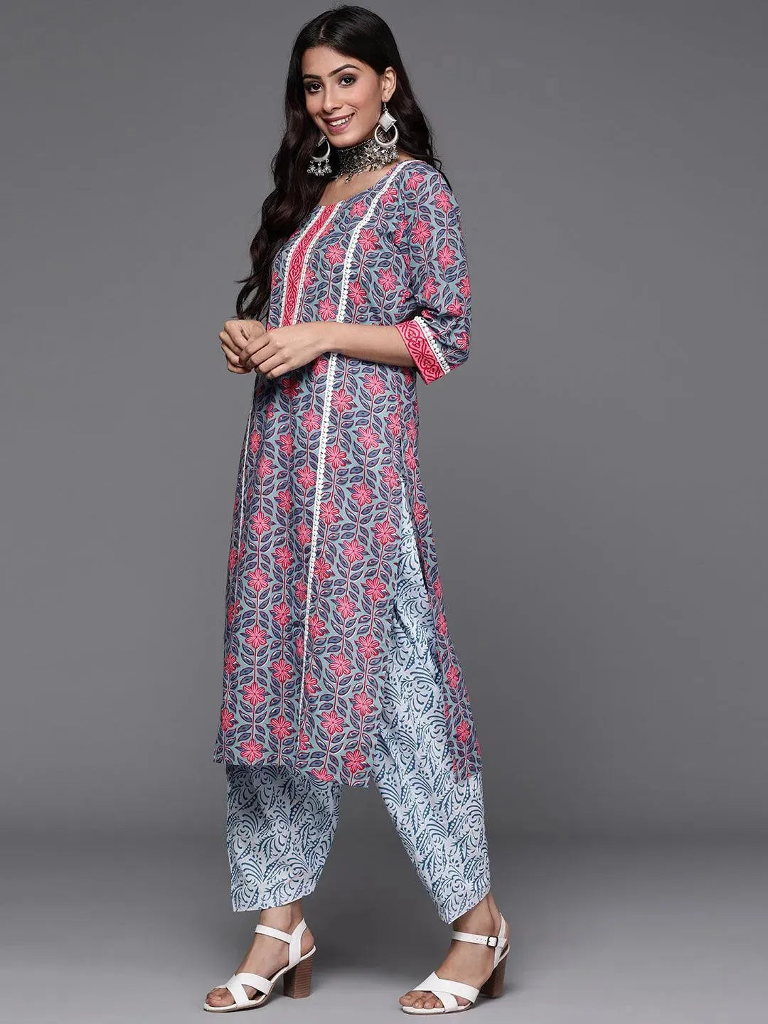 Blue Printed Cotton Suit Set - Libas