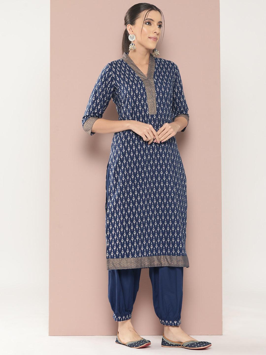 Blue Printed Cotton Straight Kurta With Salwar & Dupatta - Libas