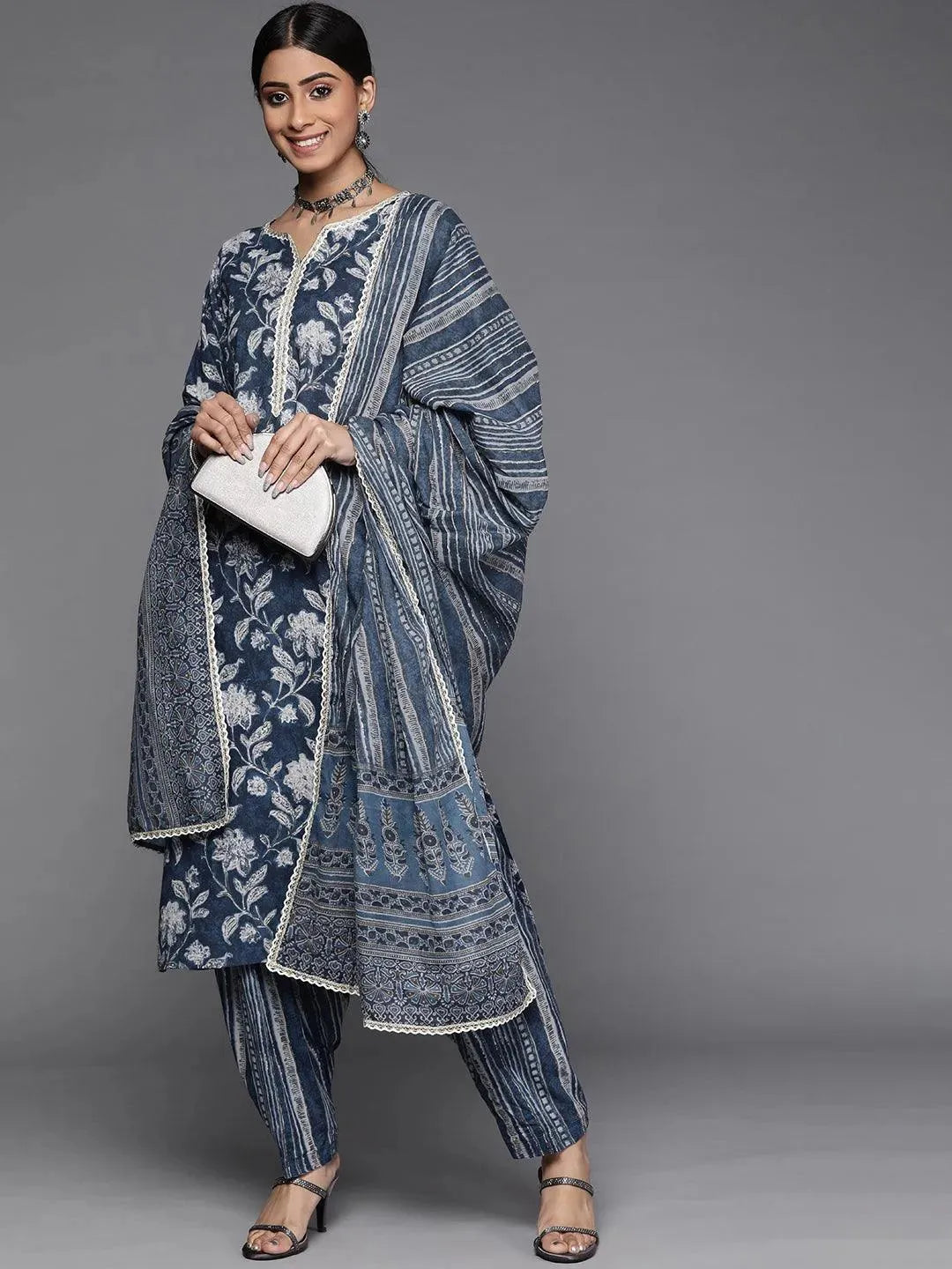 Blue Printed Cotton Suit Set - Libas