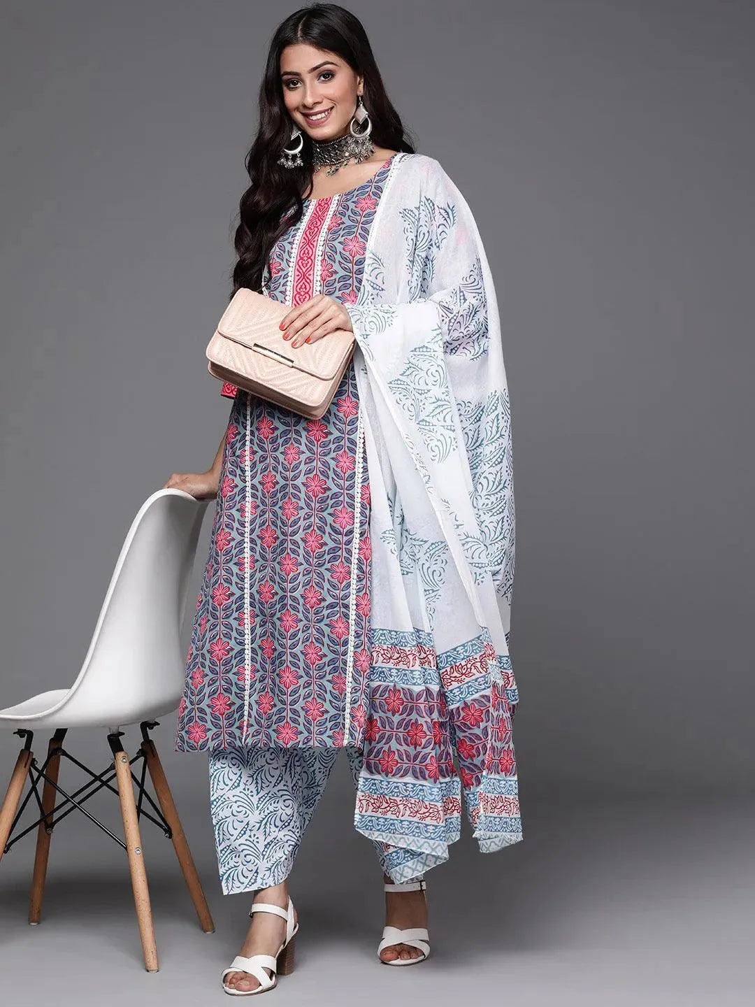 Blue Printed Cotton Suit Set - Libas