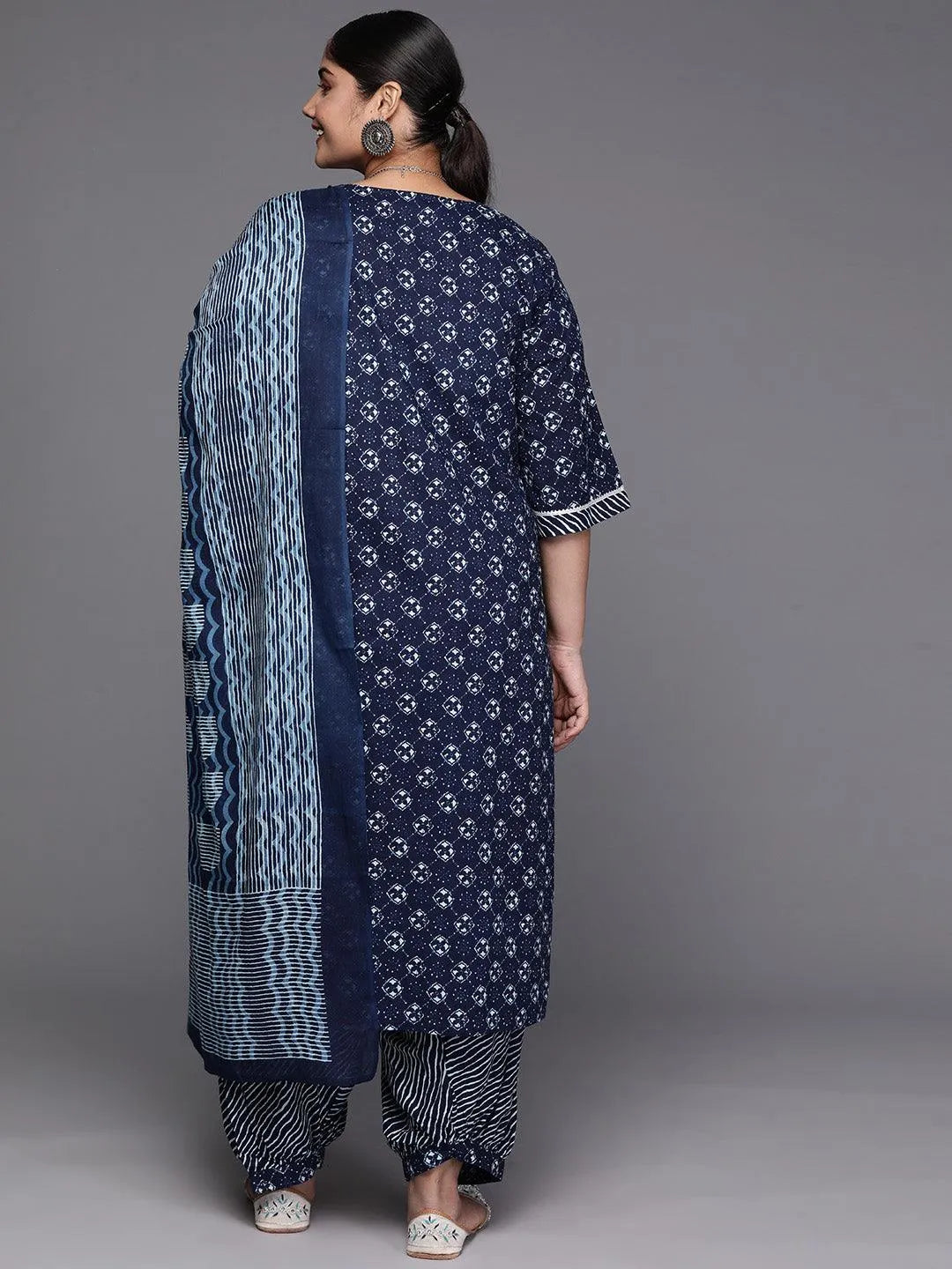 Black Yoke Design Cotton Straight Kurta With Trousers & Dupatta - Libas 