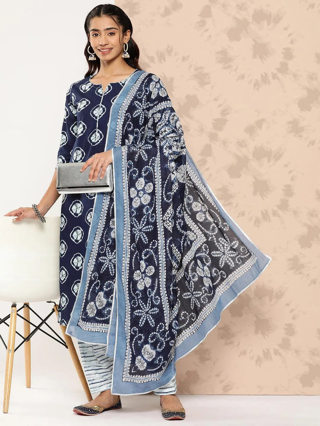 Blue Printed Cotton Straight Kurta With Salwar & Dupatta - Libas 