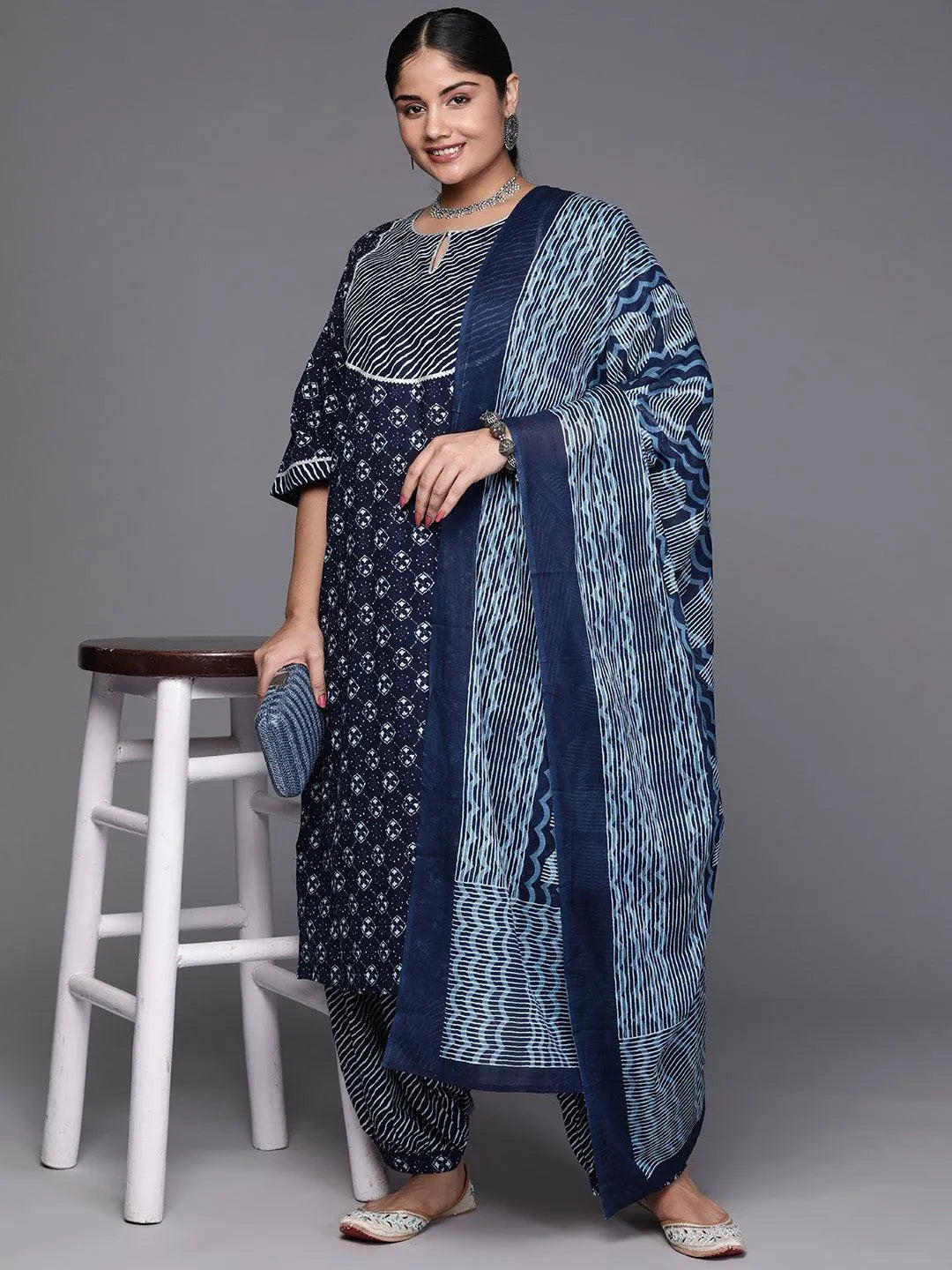 Black Yoke Design Cotton Straight Kurta With Trousers & Dupatta - Libas 