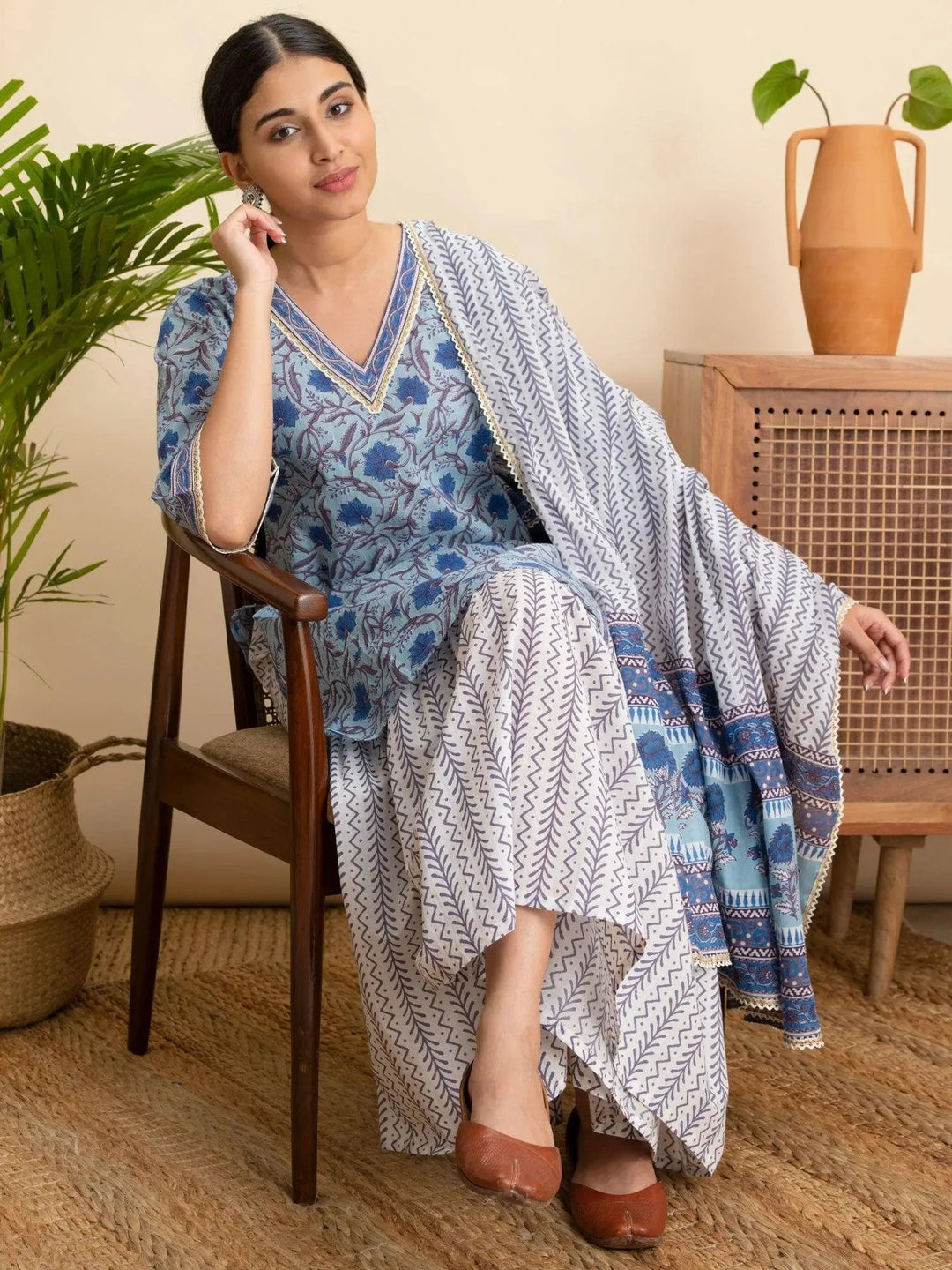 Blue Printed Cotton Suit Set - Libas