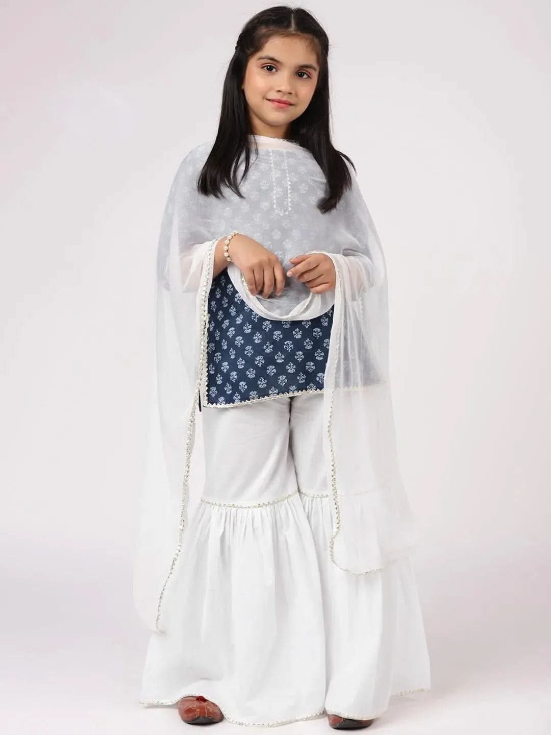 

Blue Printed Cotton Straight Kurta With Sharara & Dupatta