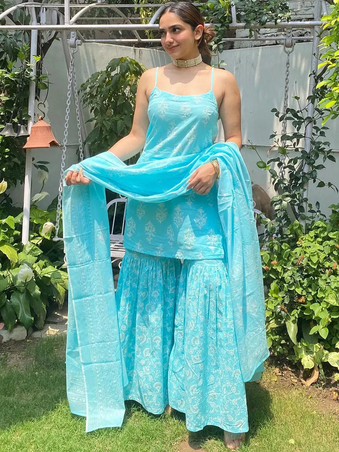 Blue Printed Cotton Straight Kurta With Sharara & Dupatta - Libas